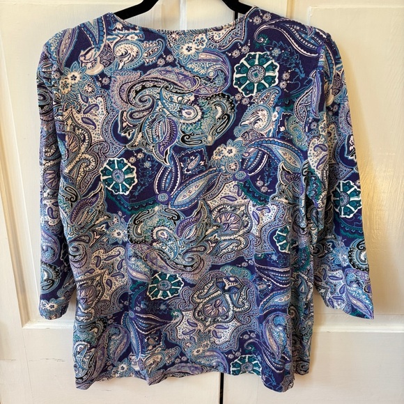 Chico's Size 2 Blue Abstract Floral Paisley Print Blouse Top Shirt‎ Size Large - Picture 7 of 13
